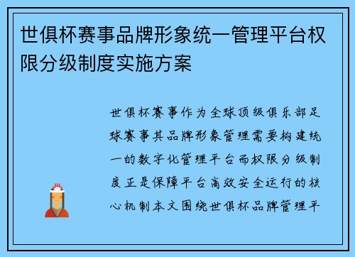 世俱杯赛事品牌形象统一管理平台权限分级制度实施方案